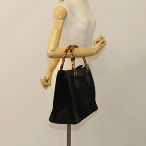 GUCCI Bamboo Hand Bag Suede Black Gold Auth